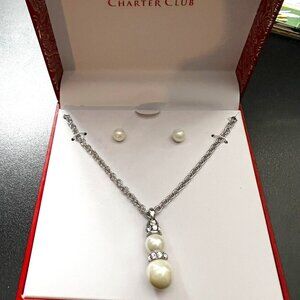 Charter Club Silver Chain Necklace w Faux Diamonds & Pearls - NEW with Tags